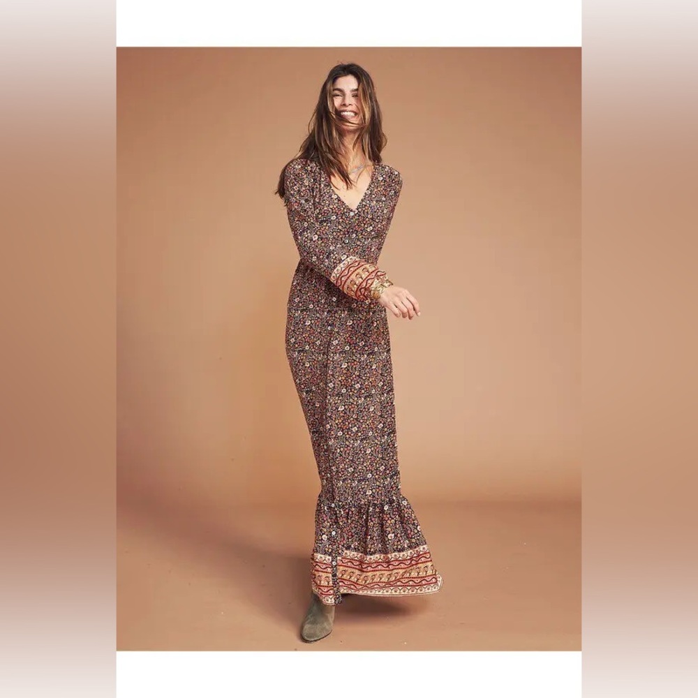 Faherty Brown Floral Maxi Dress with Border Print